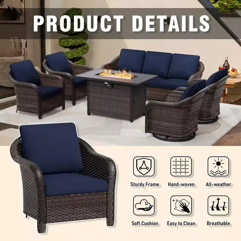 Ensemble d'extérieur 6 pièces UPTIOT avec canapé 3 places, 2 fauteuils pivotants, 2 fauteuils individuels et table brasero grise de 50 000 BTU