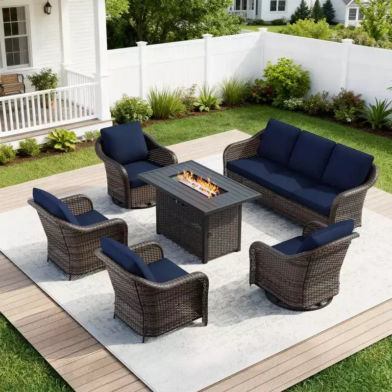 Ensemble d'extérieur 6 pièces UPTIOT avec canapé 3 places, 2 fauteuils pivotants, 2 fauteuils individuels et table brasero grise de 50 000 BTU