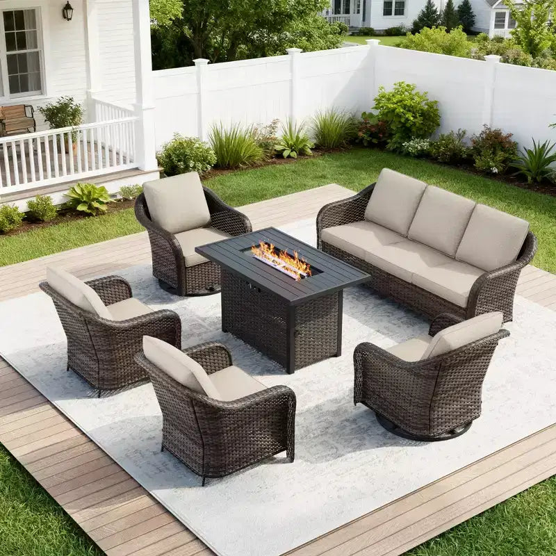 Ensemble d'extérieur 6 pièces UPTIOT avec canapé 3 places, 2 fauteuils pivotants, 2 fauteuils individuels et table brasero grise de 50 000 BTU