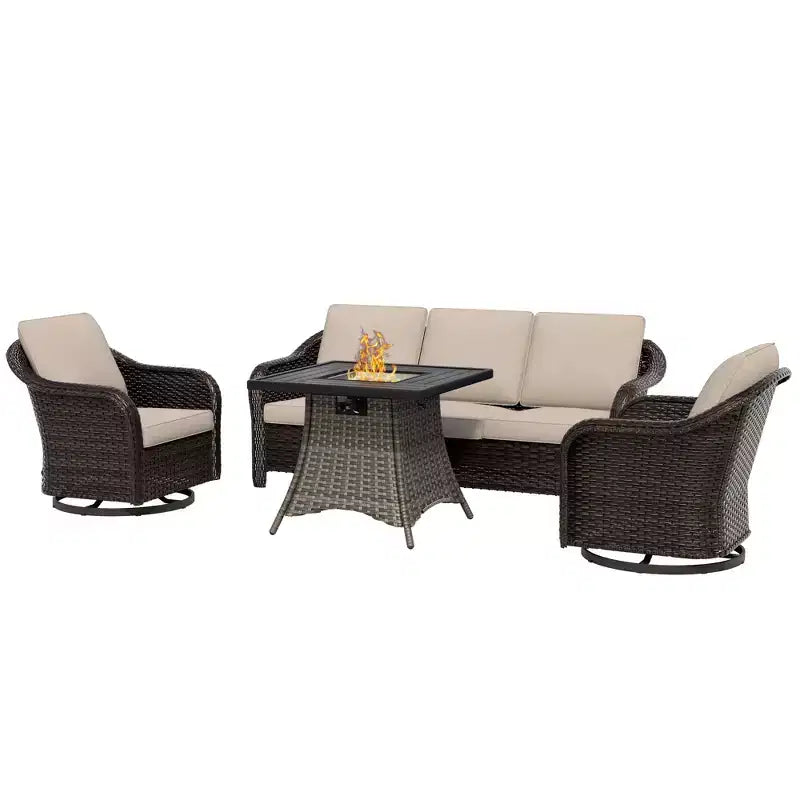 Ensemble de patio extérieur UPTIOT : canapé 3 places, 2 fauteuils pivotants et basculants et foyer de 50 000 BTU pour un confort et une chaleur toutes saisons.