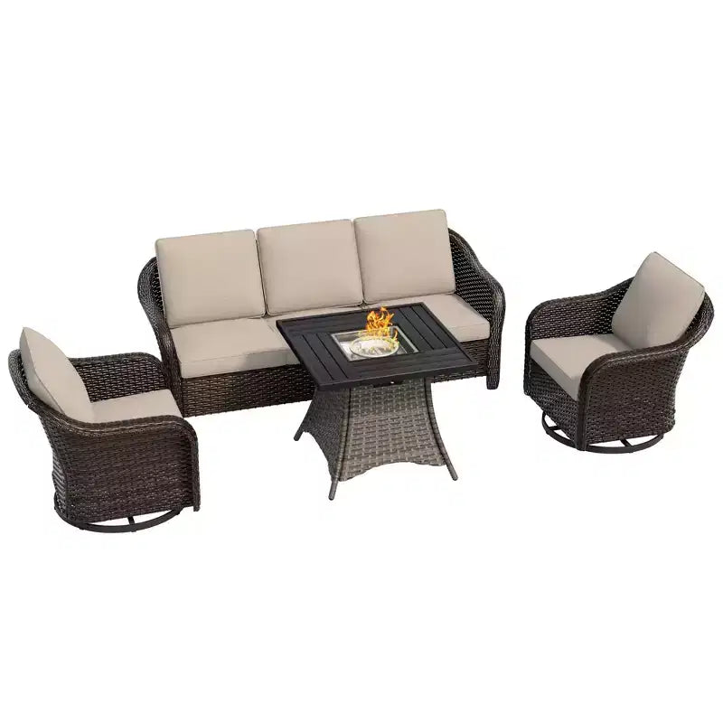 Ensemble de patio extérieur UPTIOT : canapé 3 places, 2 fauteuils pivotants et basculants et foyer de 50 000 BTU pour un confort et une chaleur toutes saisons.
