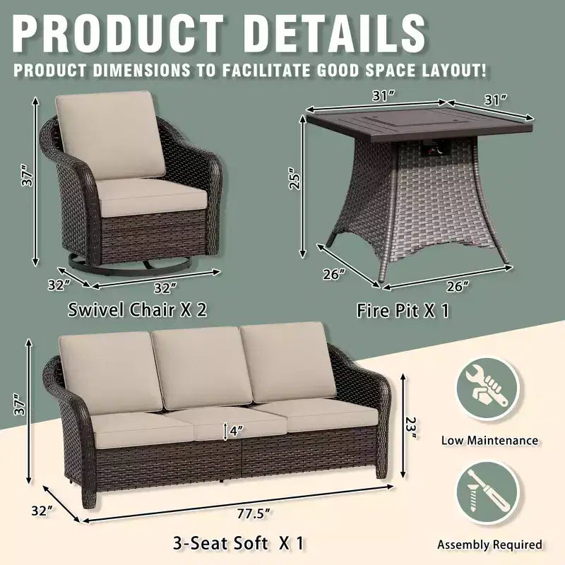 Ensemble de patio extérieur UPTIOT : canapé 3 places, 2 fauteuils pivotants et basculants et foyer de 50 000 BTU pour un confort et une chaleur toutes saisons.