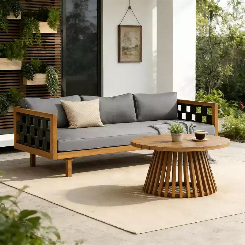 Christopher Knight Home Alice Ensemble de canapés 3 places 2 pièces modernes d'extérieur en bois d'acacia et corde tressée avec table basse ronde