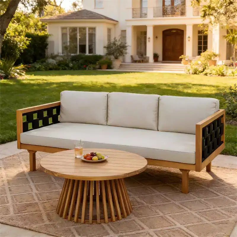 Christopher Knight Home Alice Ensemble de canapés 3 places 2 pièces modernes d'extérieur en bois d'acacia et corde tressée avec table basse ronde
