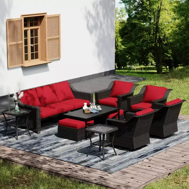 Collection d'extérieur Premium UPTIOT : Canapé 3 places, 4 fauteuils à bascule, tables doubles, paire d'ottomans et table à manger