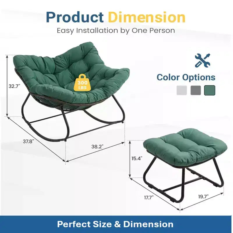 Fauteuil à bascule œuf vert clair avec pouf, chaise longue en osier tout temps et coussins