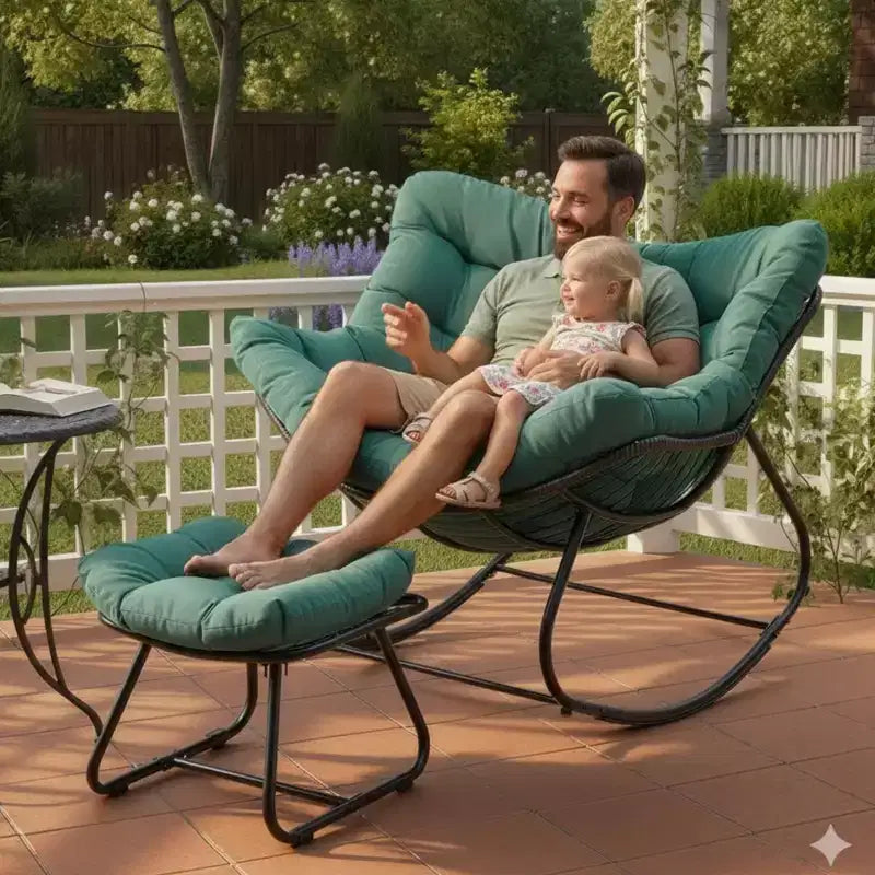 Fauteuil à bascule œuf vert clair avec pouf, chaise longue en osier tout temps et coussins
