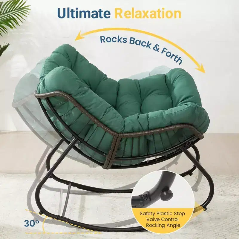 Fauteuil à bascule œuf vert clair avec pouf, chaise longue en osier tout temps et coussins