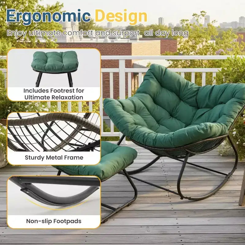 Fauteuil à bascule œuf vert clair avec pouf, chaise longue en osier tout temps et coussins