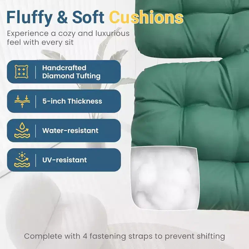 Fauteuil à bascule œuf vert clair avec pouf, chaise longue en osier tout temps et coussins