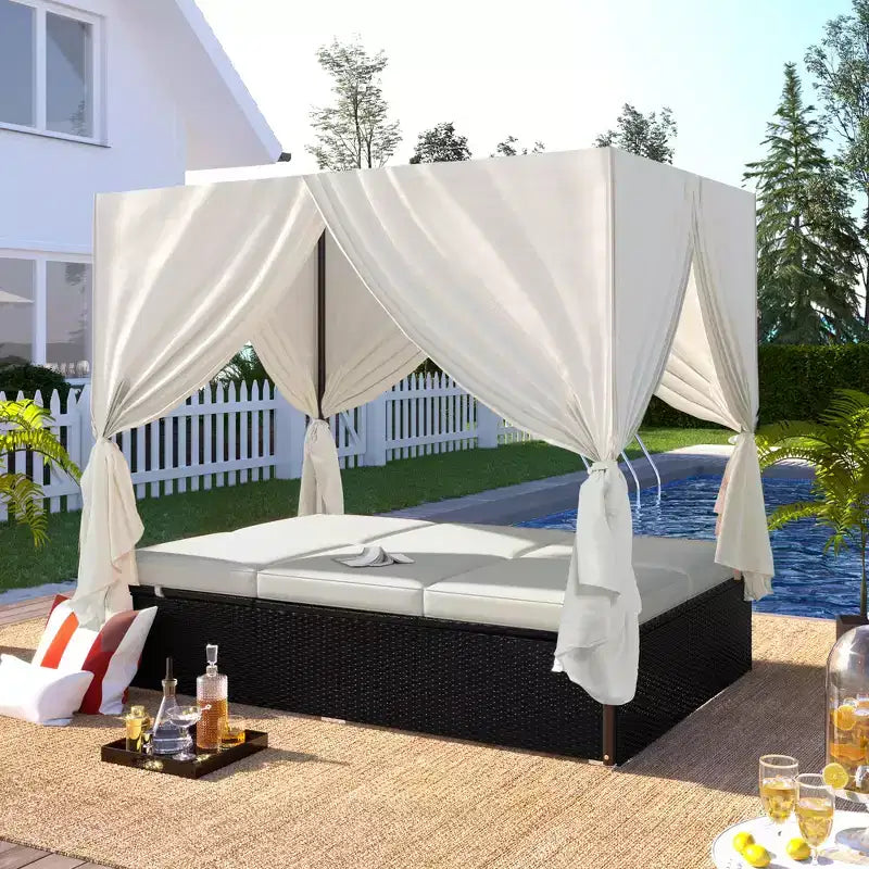 Whisen Bain de Soleil Canapé-Lit en Rotin avec Coussins et Assises Réglables
