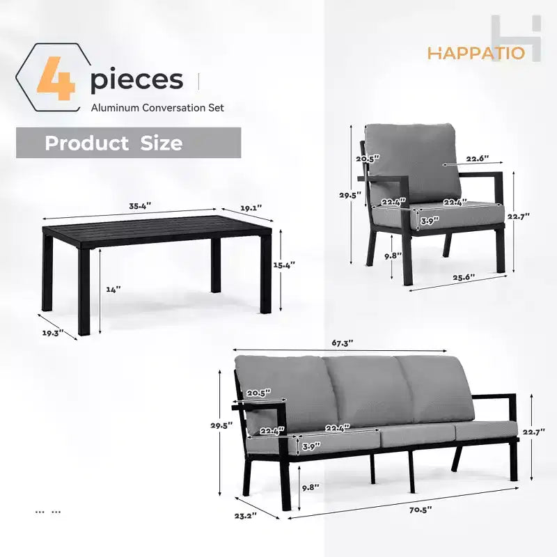 HAPPATIO Ensemble de mobilier de jardin en aluminium, salon de jardin 4 pièces avec coussins épais pour jardin, arrière-cour, porche, beige