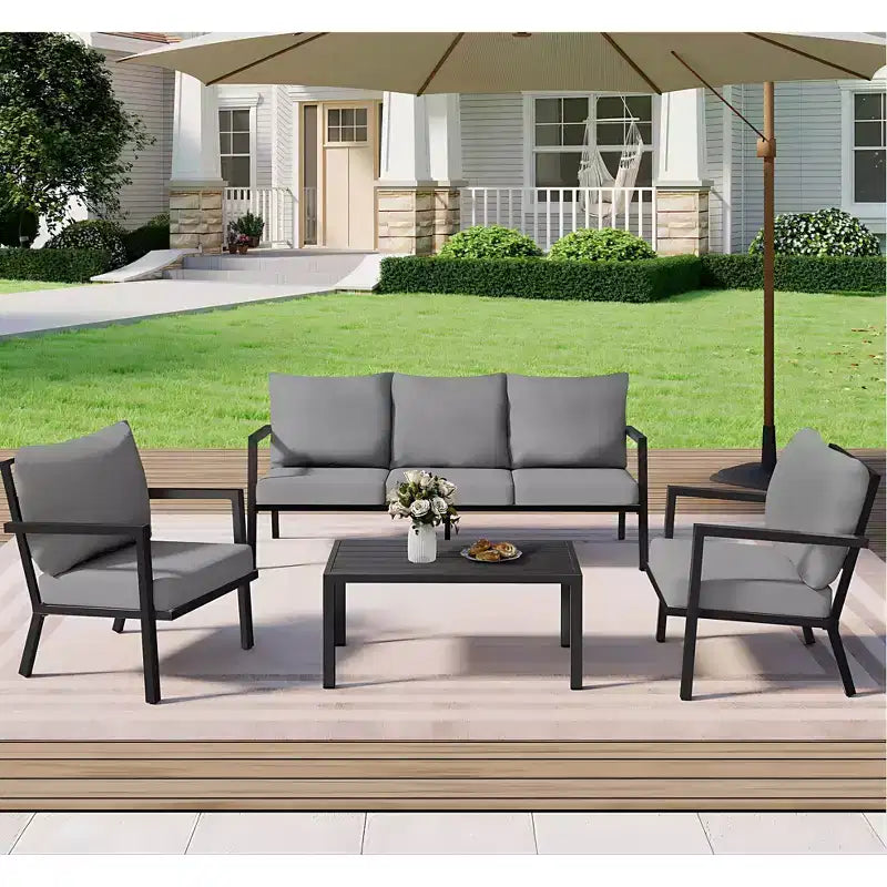 HAPPATIO Ensemble de mobilier de jardin en aluminium, salon de jardin 4 pièces avec coussins épais pour jardin, arrière-cour, porche, beige