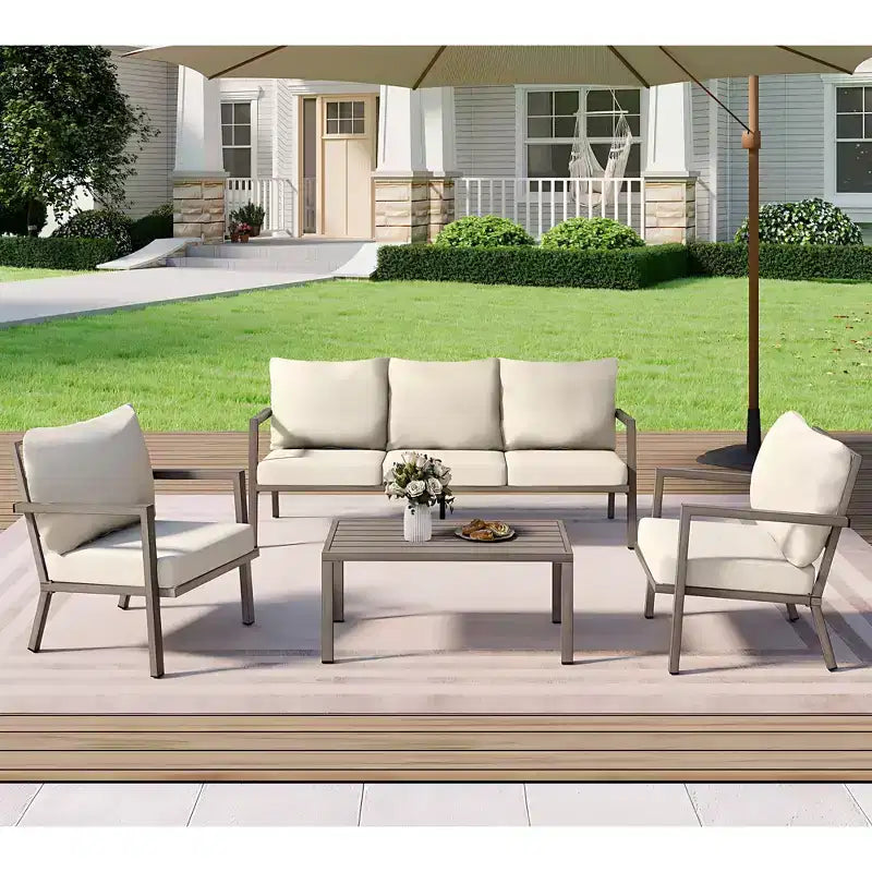 HAPPATIO Ensemble de mobilier de jardin en aluminium, salon de jardin 4 pièces avec coussins épais pour jardin, arrière-cour, porche, beige