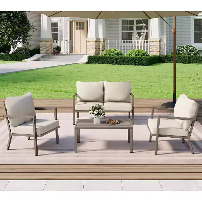 HAPPATIO Ensemble de mobilier de jardin en aluminium, salon de jardin 4 pièces avec coussins épais pour jardin, arrière-cour, porche, beige