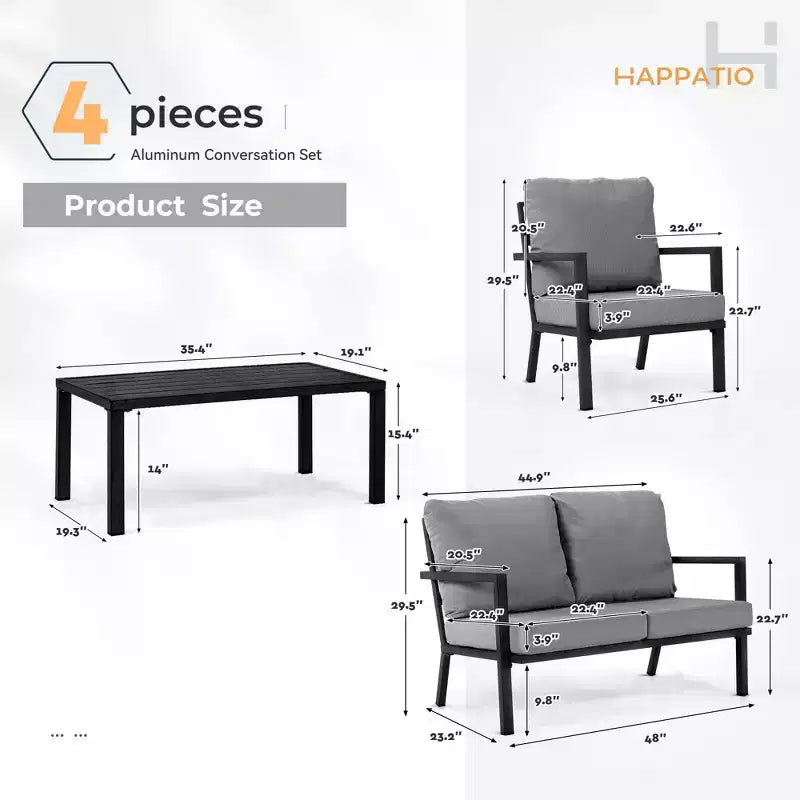 HAPPATIO Ensemble de mobilier de jardin en aluminium, salon de jardin 4 pièces avec coussins épais pour jardin, arrière-cour, porche, beige