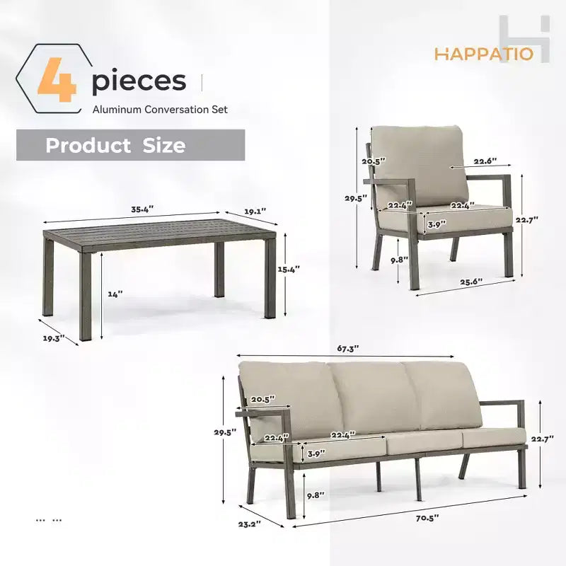 HAPPATIO Ensemble de mobilier de jardin en aluminium, salon de jardin 4 pièces avec coussins épais pour jardin, arrière-cour, porche, beige