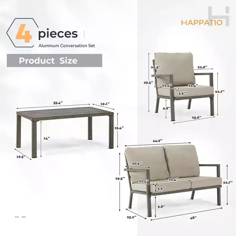 HAPPATIO Ensemble de mobilier de jardin en aluminium, salon de jardin 4 pièces avec coussins épais pour jardin, arrière-cour, porche, beige