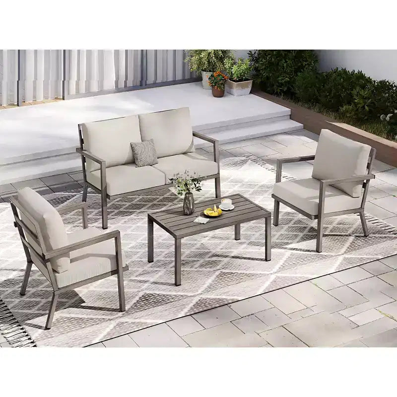 HAPPATIO Ensemble de mobilier de jardin en aluminium, salon de jardin 4 pièces avec coussins épais pour jardin, arrière-cour, porche, beige