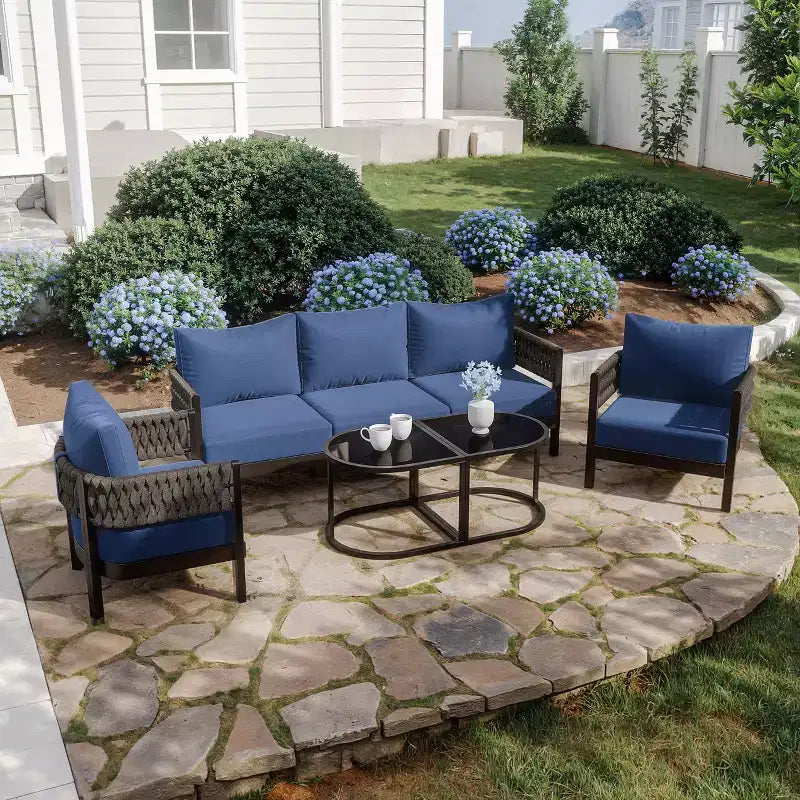 ALAULM Ensemble de canapé de patio extérieur 5 pièces avec table basse modulable, 6 coussins amovibles imperméables, utilisation tout temps, pour pelouse, jardin, arrière-cour, bleu marine