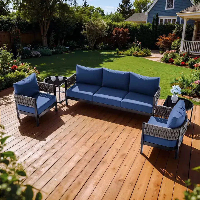 ALAULM Ensemble de canapé de patio extérieur 5 pièces avec table basse modulable, 6 coussins amovibles imperméables, utilisation tout temps, pour pelouse, jardin, arrière-cour, bleu marine