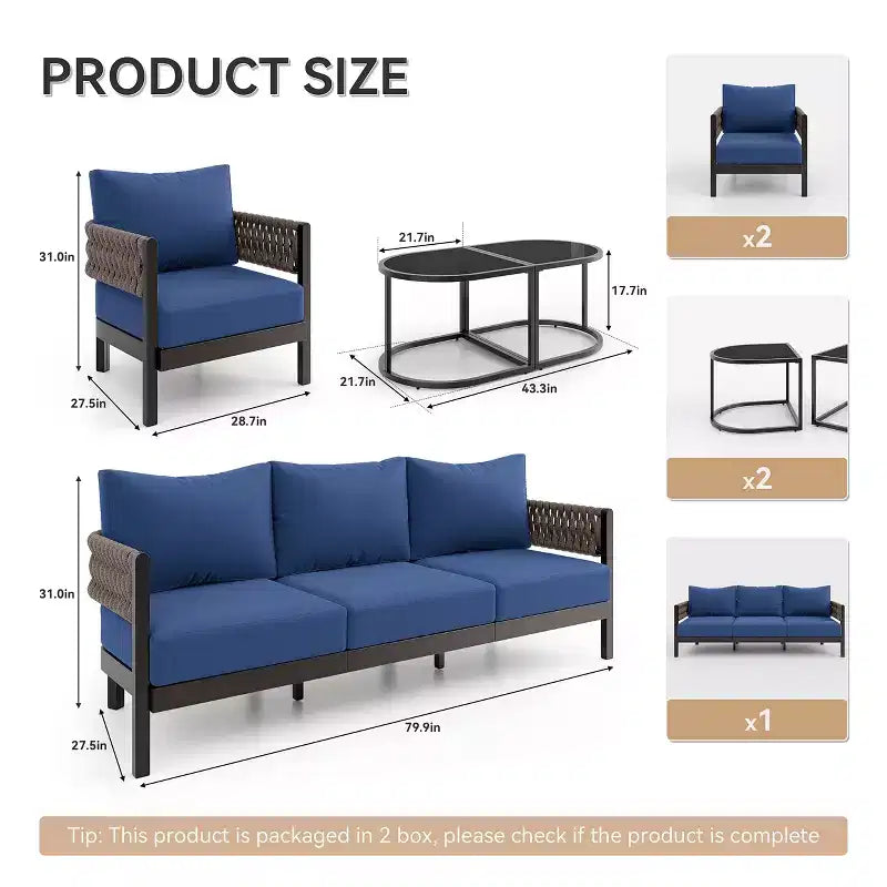 ALAULM Ensemble de canapé de patio extérieur 5 pièces avec table basse modulable, 6 coussins amovibles imperméables, utilisation tout temps, pour pelouse, jardin, arrière-cour, bleu marine