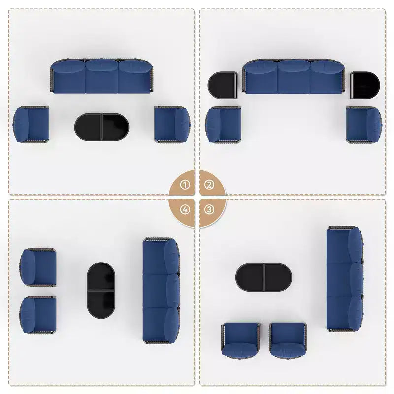 ALAULM Ensemble de canapé de patio extérieur 5 pièces avec table basse modulable, 6 coussins amovibles imperméables, utilisation tout temps, pour pelouse, jardin, arrière-cour, bleu marine