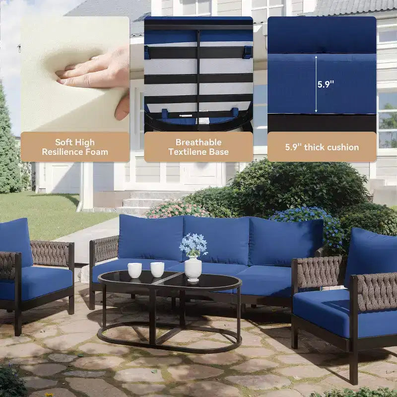 ALAULM Ensemble de canapé de patio extérieur 5 pièces avec table basse modulable, 6 coussins amovibles imperméables, utilisation tout temps, pour pelouse, jardin, arrière-cour, bleu marine