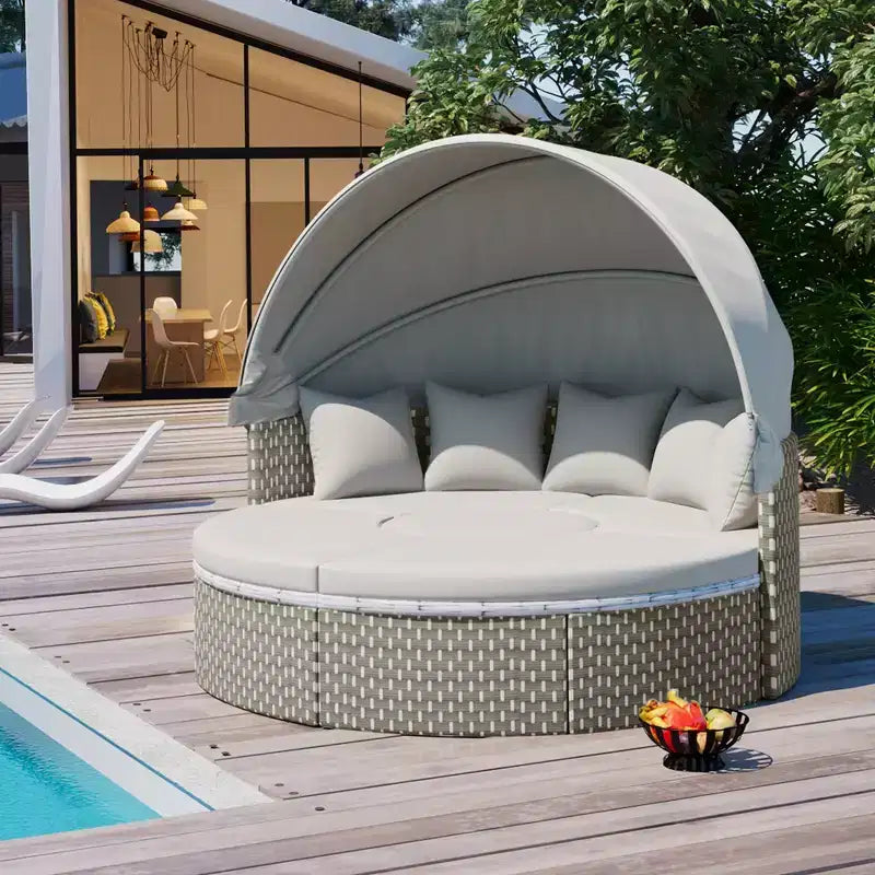 GDFStudio Vera Ensemble de canapé sectionnel rond convertible et lit de repos en rotin avec auvent rétractable