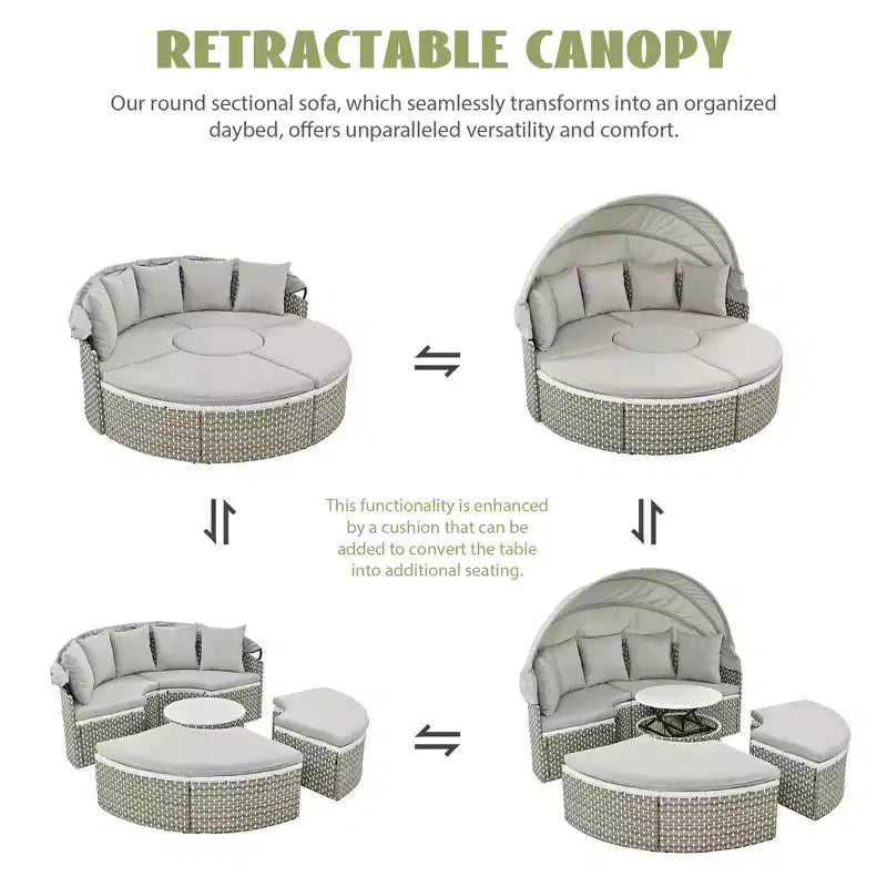 GDFStudio Vera Ensemble de canapé sectionnel rond convertible et lit de repos en rotin avec auvent rétractable