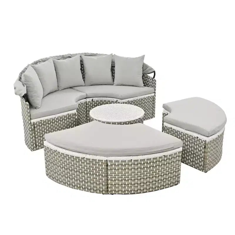 GDFStudio Vera Ensemble de canapé sectionnel rond convertible et lit de repos en rotin avec auvent rétractable