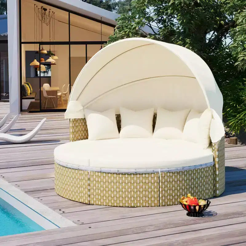 GDFStudio Vera Ensemble de canapé sectionnel rond convertible et lit de repos en rotin avec auvent rétractable