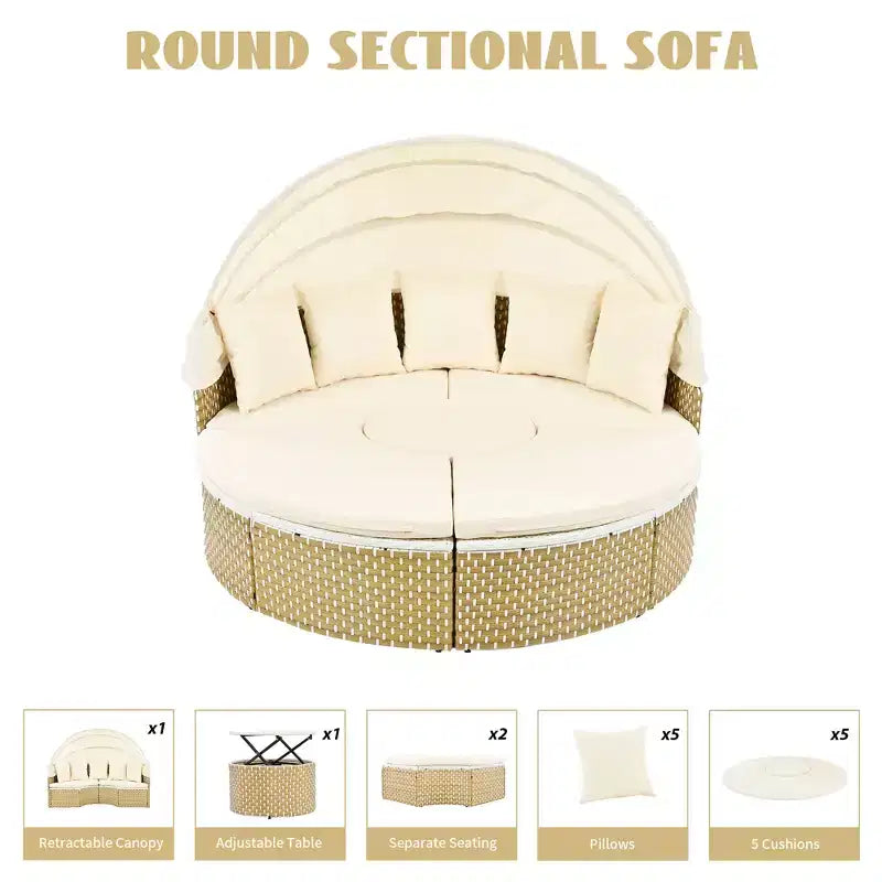 GDFStudio Vera Ensemble de canapé sectionnel rond convertible et lit de repos en rotin avec auvent rétractable