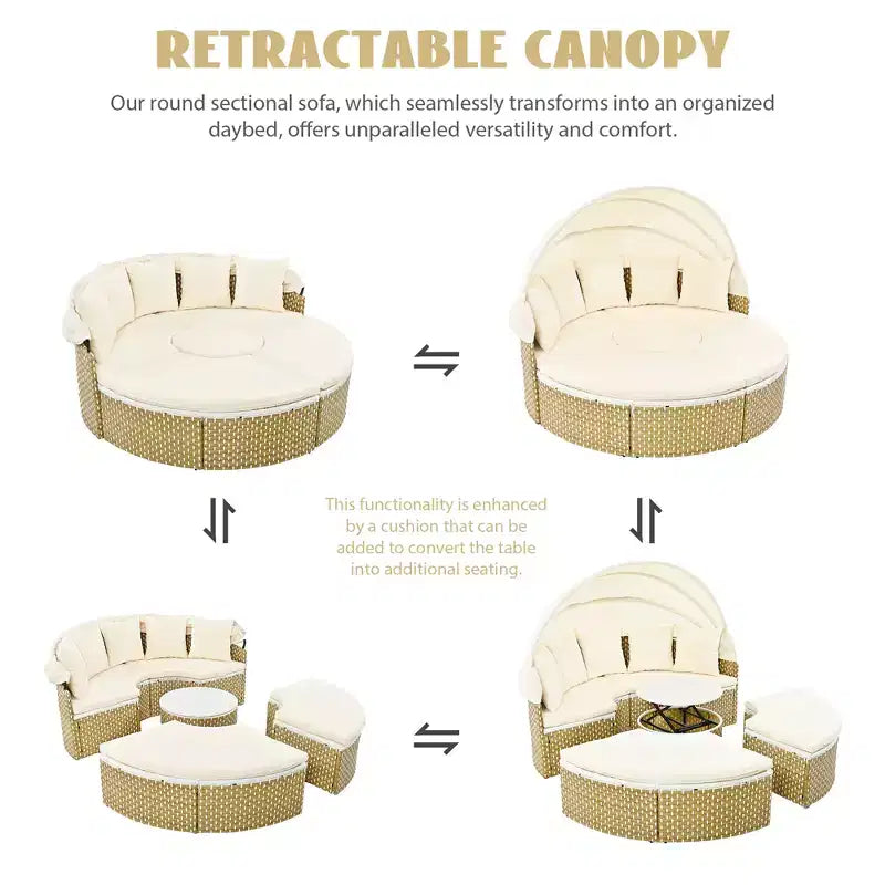 GDFStudio Vera Ensemble de canapé sectionnel rond convertible et lit de repos en rotin avec auvent rétractable