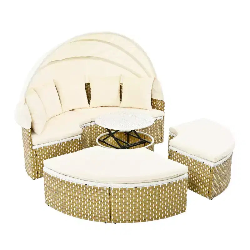 GDFStudio Vera Ensemble de canapé sectionnel rond convertible et lit de repos en rotin avec auvent rétractable