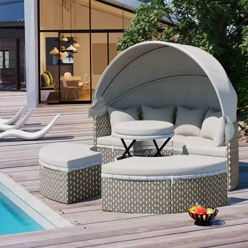 GDFStudio Vera Ensemble de canapé sectionnel rond convertible et lit de repos en rotin avec auvent rétractable