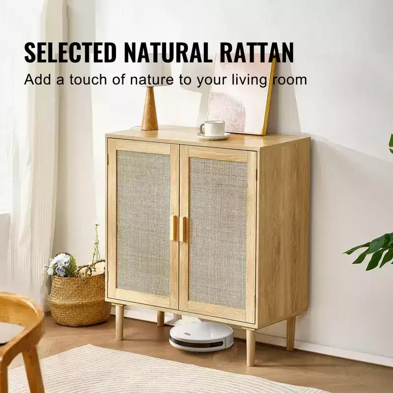 Rattan Cabinet, Rattan Storage Cabinet with 2 Magnetic Doors and Adjustable Shelves, Sideboard Buffet Cabinet for Hallway, Entryway