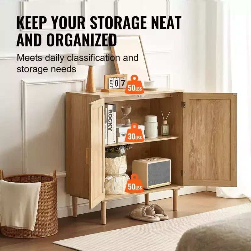 Rattan Cabinet, Rattan Storage Cabinet with 2 Magnetic Doors and Adjustable Shelves, Sideboard Buffet Cabinet for Hallway, Entryway