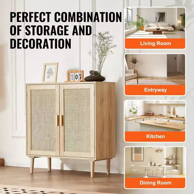 Rattan Cabinet, Rattan Storage Cabinet with 2 Magnetic Doors and Adjustable Shelves, Sideboard Buffet Cabinet for Hallway, Entryway
