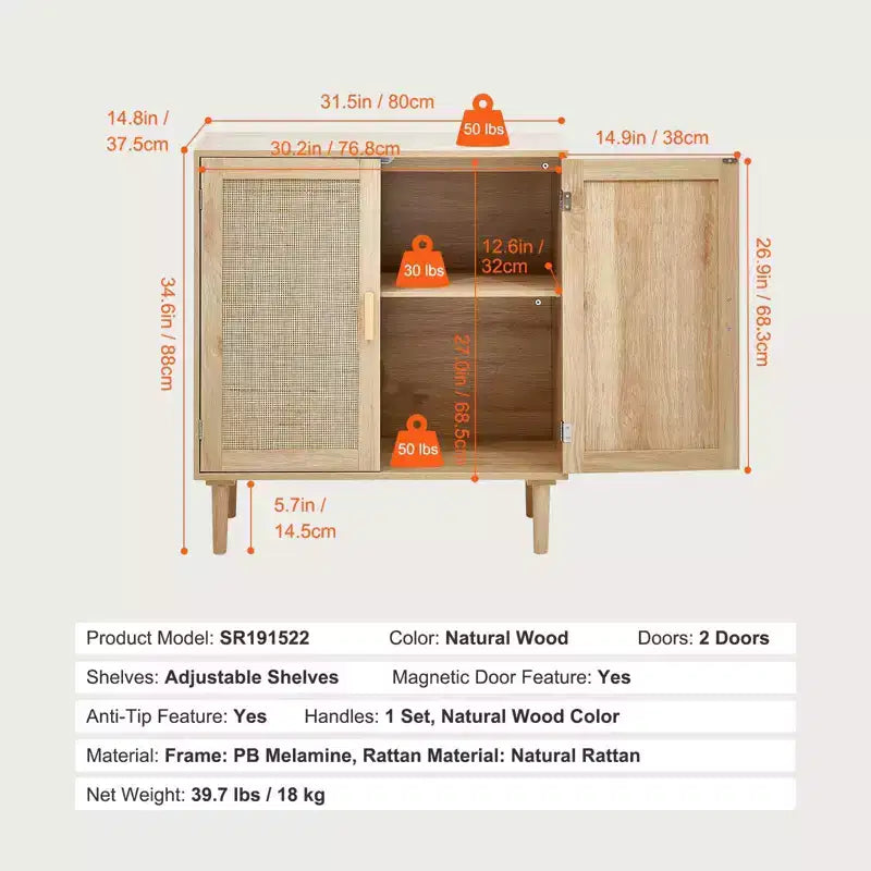 Rattan Cabinet, Rattan Storage Cabinet with 2 Magnetic Doors and Adjustable Shelves, Sideboard Buffet Cabinet for Hallway, Entryway