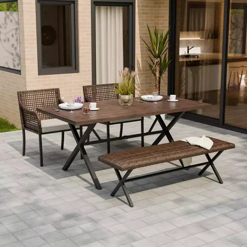 EAGLE PEAK Ensembles de salle à manger d'extérieur, ensemble de table de patio avec trou pour parasol, 2 chaises et banc, marron/beige