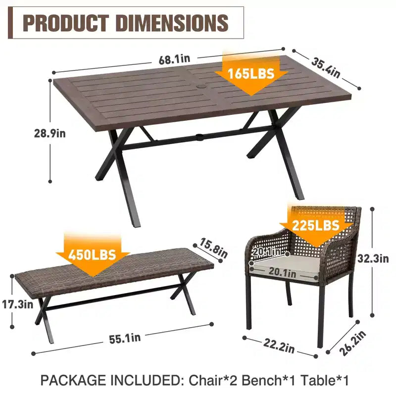 EAGLE PEAK Ensembles de salle à manger d'extérieur, ensemble de table de patio avec trou pour parasol, 2 chaises et banc, marron/beige