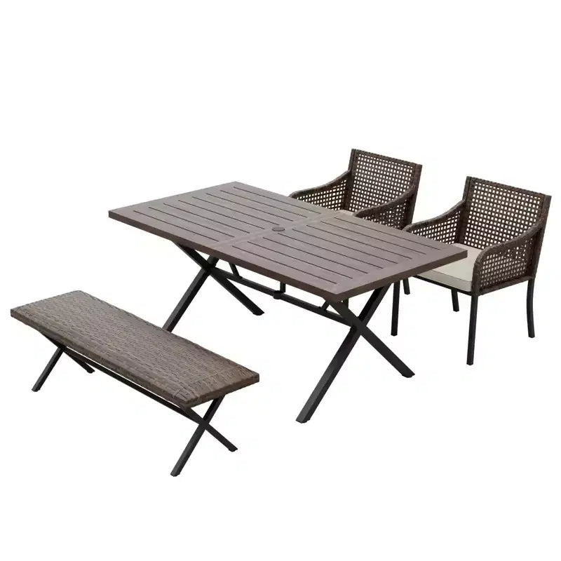 EAGLE PEAK Ensembles de salle à manger d'extérieur, ensemble de table de patio avec trou pour parasol, 2 chaises et banc, marron/beige