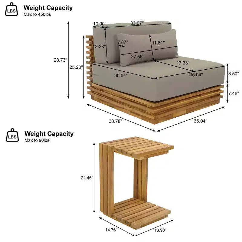Christopher Knight Home Nolan Ensemble de conversation de patio moderne 3 pièces en bois d'acacia avec fauteuils club surdimensionnés et table d'appoint