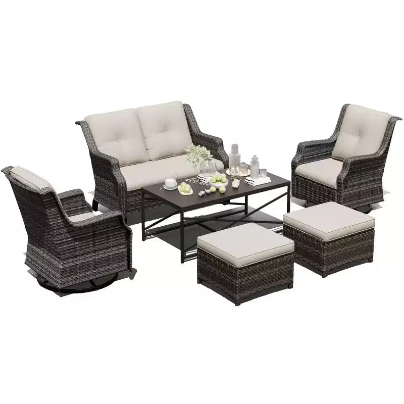 Salon de jardin UPTIOT avec canapé, fauteuils à bascule, poufs et table basse pour un confort relaxant dans le jardin.