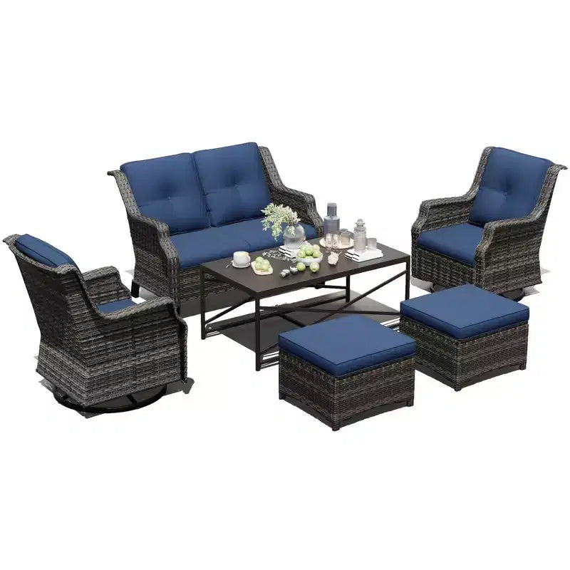 Salon de jardin UPTIOT avec canapé, fauteuils à bascule, poufs et table basse pour un confort relaxant dans le jardin.