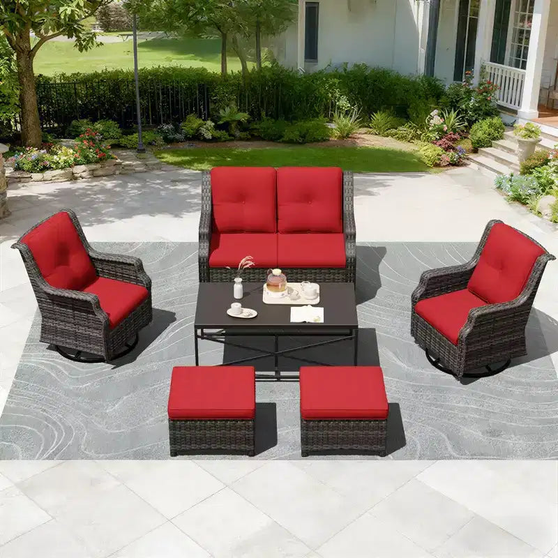 Salon de jardin UPTIOT avec canapé, fauteuils à bascule, poufs et table basse pour un confort relaxant dans le jardin.