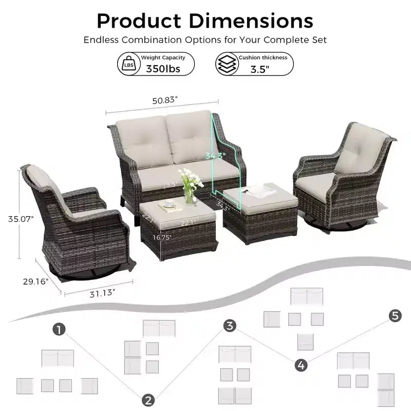 Ensemble extérieur modulaire UPTIOT : Canapé 2 places, 2 fauteuils à bascule et 2 poufs pour un confort de patio modulable