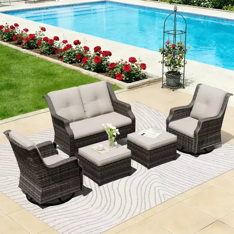 Ensemble extérieur modulaire UPTIOT : Canapé 2 places, 2 fauteuils à bascule et 2 poufs pour un confort de patio modulable