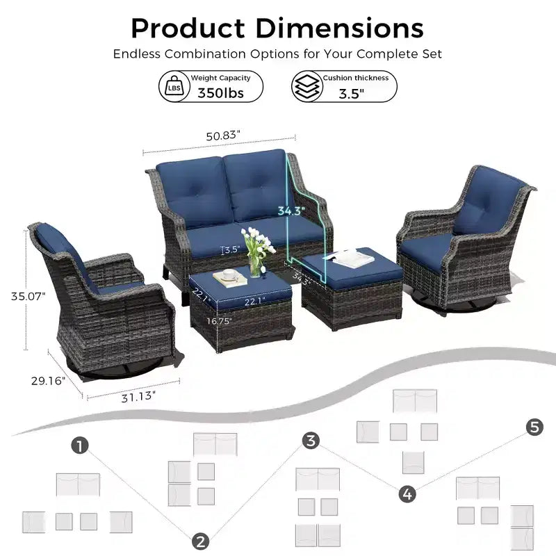 Ensemble extérieur modulaire UPTIOT : Canapé 2 places, 2 fauteuils à bascule et 2 poufs pour un confort de patio modulable